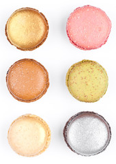 French colorful macarons dessert cakes top view