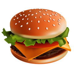 Hamburger vector illustration with white background - sesame bun, beef steak, cheese, tomato, onion, salad with special sauce