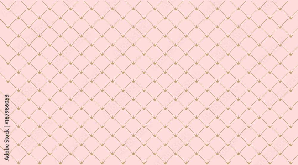 Wall mural Seamless girlish pattern.Gold crown on pink background.Backdrop for invitation card, wrapper and decoration party (wedding, baby girl shower, birthday) Cute wallpaper for princess's style nursery.