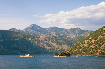 View of Bay of Kotor and two small islands of Our Lady of the Rocks and St. George. Montenegro
