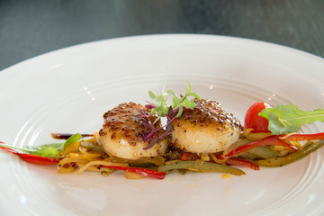  Grilled scallops on a white plate