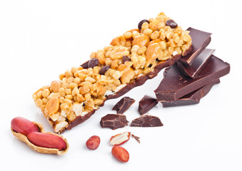 Chocolate protein cereal energy bar with peanuts