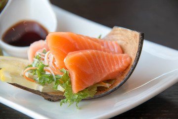 Slice piece salmon and wasabi