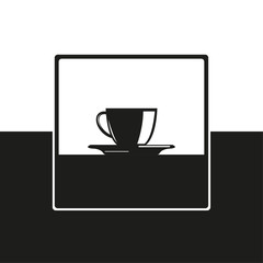 A cup for hot drinks. Vector icon in black and white form.