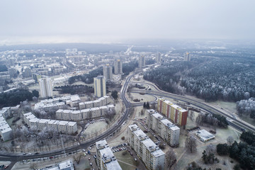 Aerial view over old soviet time architecture in Karoliniskes district, Vilnius, Lithuania. During...