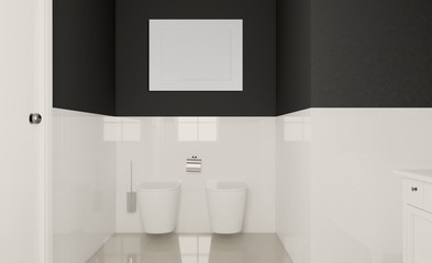 Fototapeta na wymiar Empty paintings. Spacious bathroom in gray tones with heated floors, freestanding tub. 3D rendering.