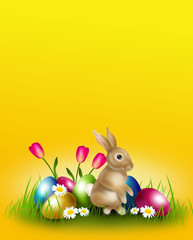 Easter background decorated with easter eggs and bunny