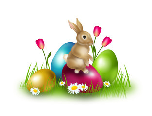 Easter decoration with easter eggs and bunny