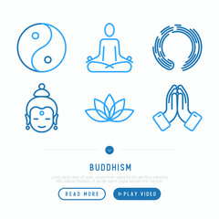 Buddhism thin line icons set: yoga, meditation, Buddha, Yin-Yang. Modern vector illustration. - obrazy, fototapety, plakaty