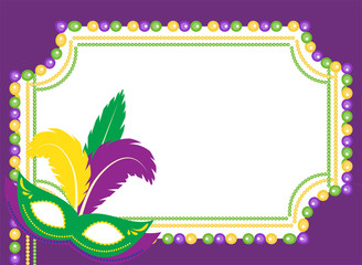 Mardi Gras beads colored frame with a mask, isolated on white background. Template poster. Vector illustration © Lucia Fox