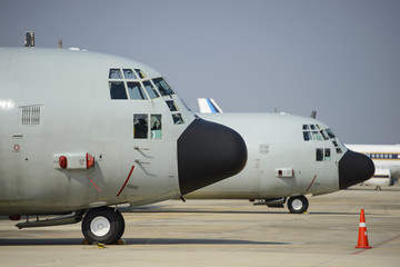 Fototapeta na wymiar Front view of military transport aircraft