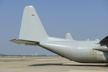 Rear view of military transport aircraft