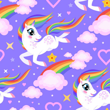 Seamless pattern with a cartoon unicorn and rainbow. For fabric, wallpaper and background