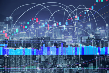 Double exposure global map on capital city and business trading background with network connection,stock market concept.