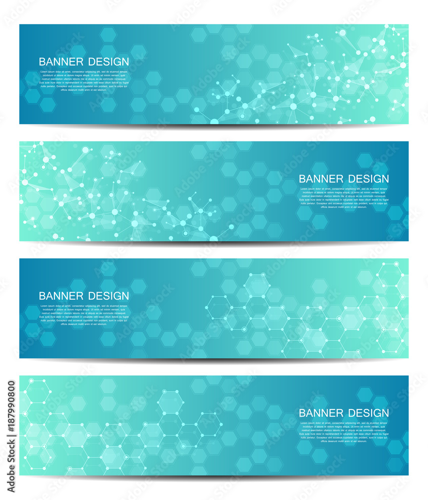 Poster set of abstract banner design, dna molecule structure background. geometric graphics and connected l