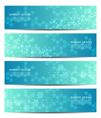 Set of abstract banner design, dna molecule structure background. Geometric graphics and connected lines with dots. Scientific and technological concept, vector illustration.