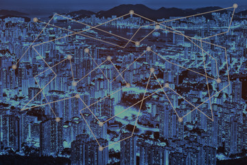 Business networking connection concept and Wi-Fi in city.Technology communication with cityscape background.