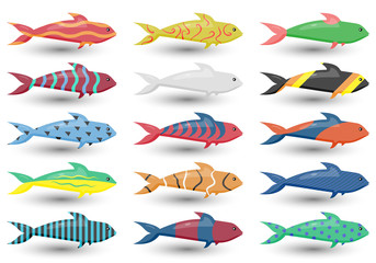 Fish vector illustration icons set