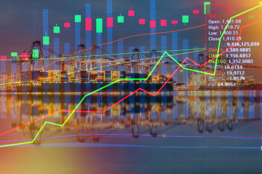 Double exposure of stocks market chart concept with International Container Cargo ship in the ocean, Freight Transportation, Shipping, Nautical Vessel