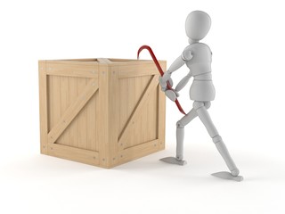 White dummy character with crate