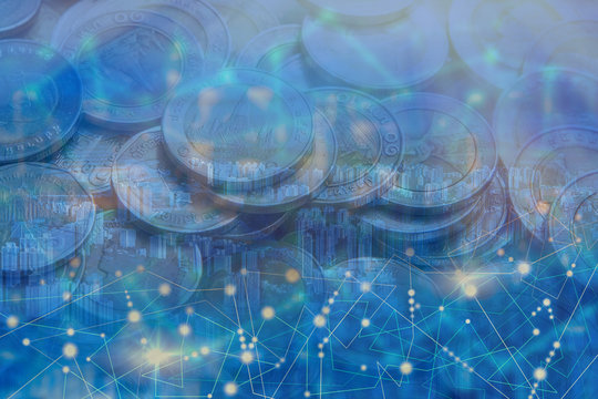 Double exposure business financial city and money coins. Global investment and growth network concept
