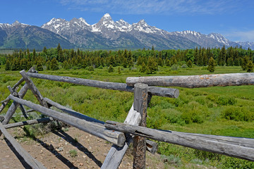 Fototapeta na wymiar Split rail fence frames snow capped mountains, and a green field.
