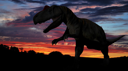 Obraz premium Silhoutte dinozaurów przed zachodem słońca krajobraz