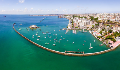 Panoramic aerial image of the commerce, seen of the sea, strong sao marcelo, elevator lacerda, Salvador, Bahia, Brazil