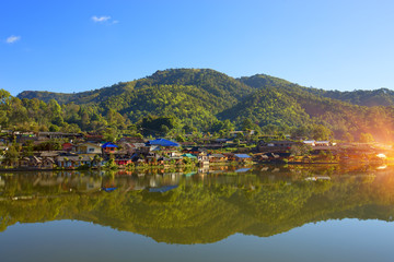 Beautiful mountain village around the lake with reflection in Mae Hong Son,Thailand.