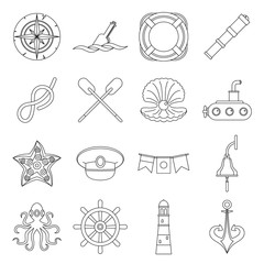 Nautical icons set, outline style