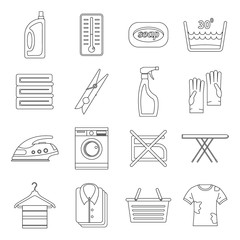 Laundry icons set, outline style