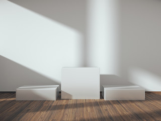 Pedestal for display,Platform for design,Blank product stand with empty room.3D rendering.