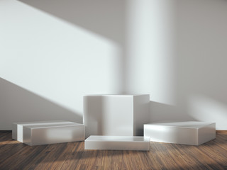 Pedestal for display,Platform for design,Blank product stand with empty room.3D rendering.