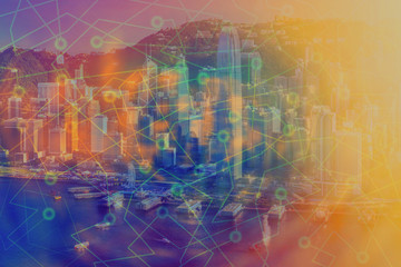 Business networking connection concept and Wi-Fi in city.Technology communication with cityscape background.