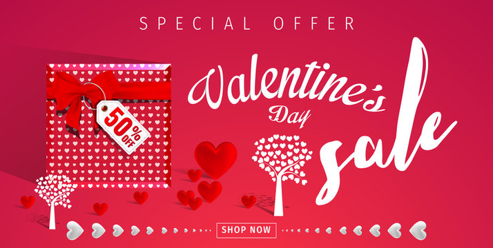 Valentines day sale background with Heart and gift box. Vector illustration.Wallpaper.flyers, invitation, posters, brochure, banners. 