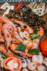 seafood on a wooden table