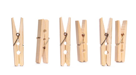 Set clothespins, natural bamboo peg isolated on white background