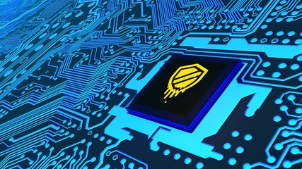 Meldown symbol on the chip of a blue circuit board