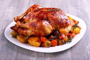 Roast chicken with brussel sprouts, carrot