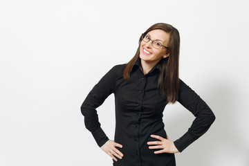 Beautiful happy caucasian young smiling brown-hair business woman in black classic shirt, skirt, glasses isolated on white background close up. Manager, worker, student. Copy space for advertisement.