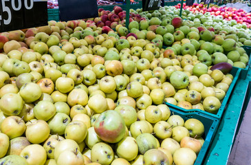 Apples on the market, a large fruit counter, ripe apples red, green