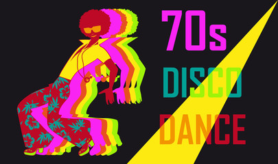 70s style disco dance poster with a dancing stylish guy, EPS 8 vector illustration