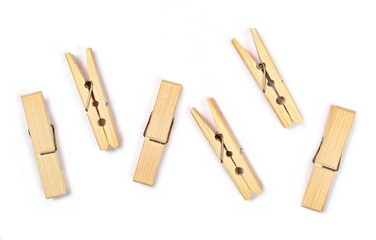 Set clothespins, natural bamboo peg isolated on white, clipping path
