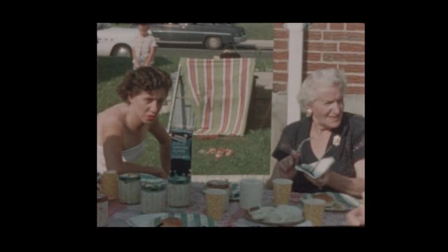 1956 50's family backyard BBQ picnic