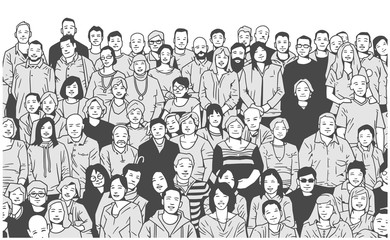 Stylized illustration of large group of people smiling and posing for a photograph in black and white grey scale