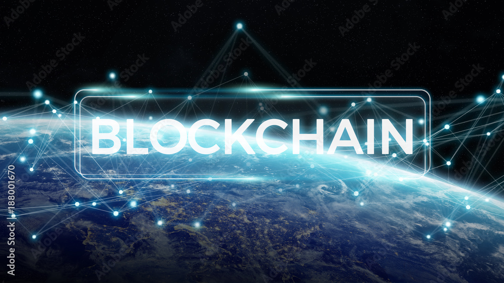 Poster Blockchain on planet Earth 3D rendering