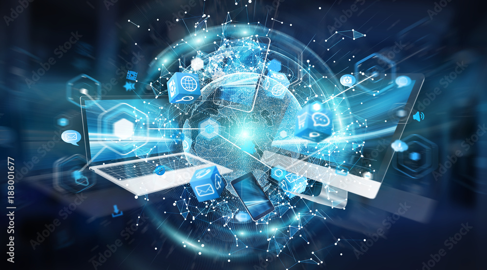 Poster Modern digital devices connected to each other 3D rendering