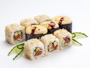 Sushi and roll set with seafood isolated on white background. Japanese cuisine.