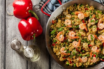 Traditional seafood paella with shrimp, fish and chicken seved i