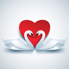 Valentines background with two white 3d swans and heart